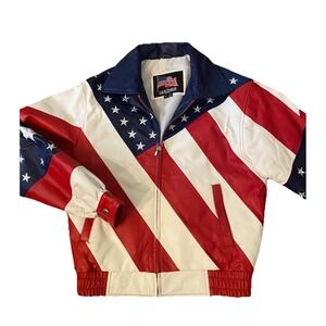 VTG  USA LEATHER  Leather Stars & Stripes Motorcycle Racing Jacket patriotic